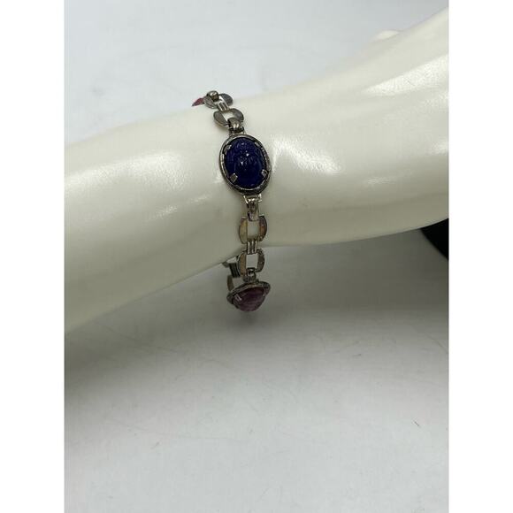 Scarab Multicolor Sterling Silver Bracelet Pinks Purples Fold Over Clasp - Picture 2 of 10